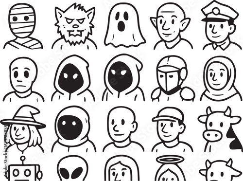 Diverse characters in a simple black and white illustration