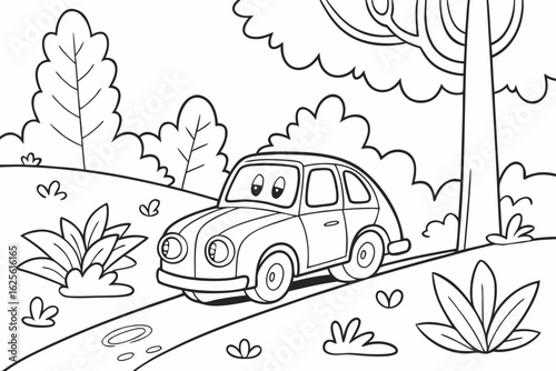 Vector Cartoon funny Car, funny image in the forest, Coloring book page for children. Line Art isolated on white background
