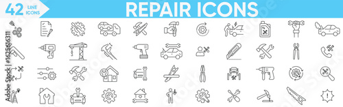 Repair line icon vector and illustrator set.car repair, maintenance, toolbox, car mechanic, home, construction, mechanic and more.vector illustration editable stroke.