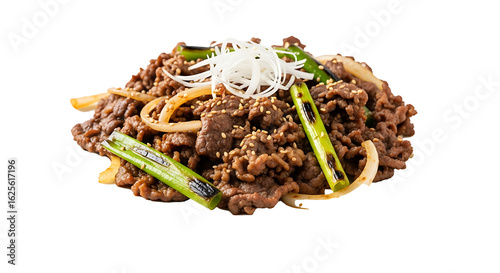 Close up shot of bulgogi with grilled scallions and onions topped with shredded daikon radish garnish on transparent background