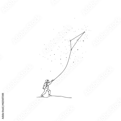 Astronaut line art holding stars constellation in space exploration minimalist vector illustration drawing