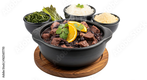 A black bowl filled with feijoada garnished with orange slices and cilantro on a wooden board with sides on transparent background