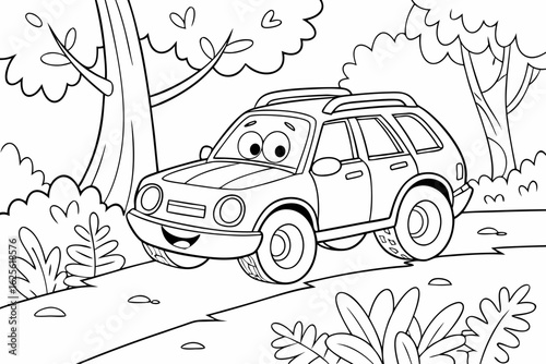 Vector Cartoon funny Electric Car, funny image in the forest, Coloring book page for children. Line Art isolated on white background