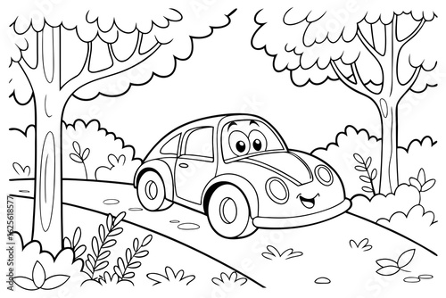 Vector Cartoon funny Electric Car, funny image in the forest, Coloring book page for children. Line Art isolated on white background