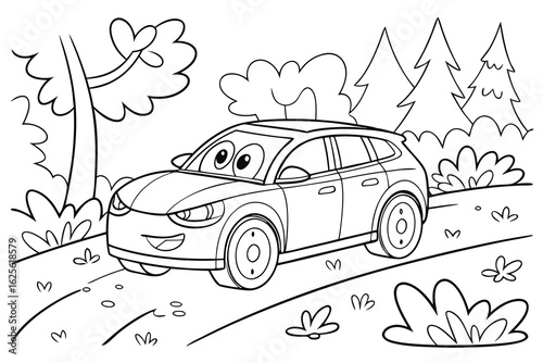 Vector Cartoon funny Electric Car, funny image in the forest, Coloring book page for children. Line Art isolated on white background