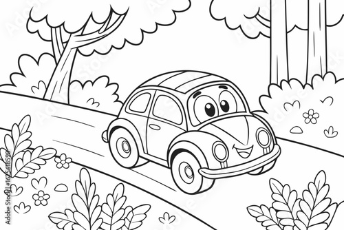 Vector Cartoon funny Electric Car, funny image in the forest, Coloring book page for children. Line Art isolated on white background