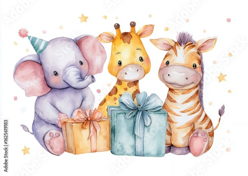 Adorable Watercolor Painting of Elephant, Giraffe, and Zebra with Birthday Gifts