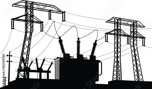 Electrical substation and high voltage power lines, energy transmission infrastructure, electricity distribution grid, industrial utility station, cad drawing flat vector illustration