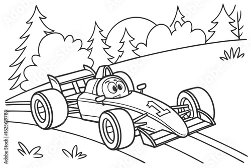 Vector Cartoon funny Formula Car, funny image in the forest, Coloring book page for children. Line Art isolated on white background