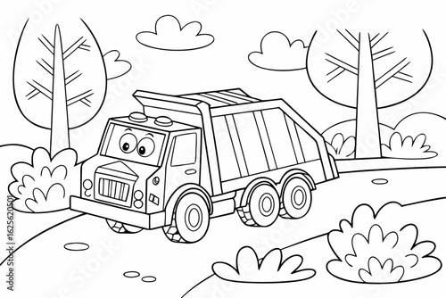 Vector Cartoon funny Garbage Truck, funny image in the forest, Coloring book page for children. Line Art isolated on white background