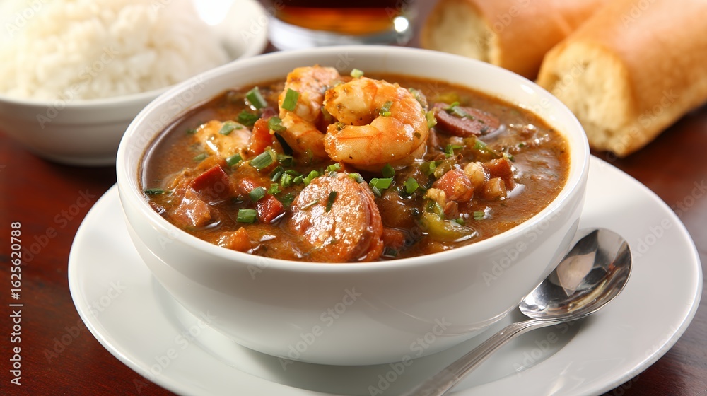 Spicy Shrimp and Sausage Gumbo in White Bowl with Rice and Bread Spicy Shrimp and Sausage Gumbo in White Bowl with Rice and Bread