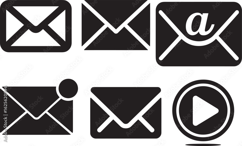 Collection of Communication Icons: Email, Message, and Play Icons