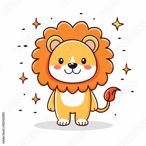 Adorable Lion Cub with Orange Mane Surrounded by Sparkling Stars in Cartoon Style