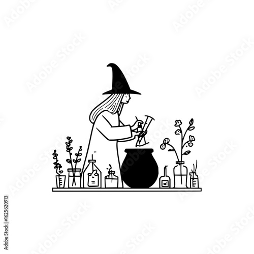 Witchcraft potion brew halloween witch cauldron magic spell herbs plants bottles wizardry fantasy black and white art