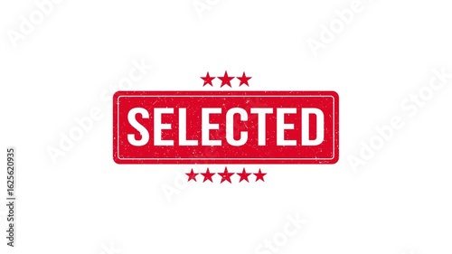 Red selected stamp with stars on a white background, indicating quality, choice, and approval for product promotion and marketing campaigns