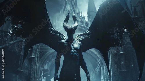 Dark winged incubus silhouette against towering gothic cathedral spires in atmospheric blue-toned fantasy scene with dramatic lighting and mysterious supernatural ambiance