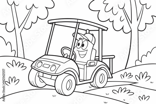 Vector Cartoon funny Golf Cart, funny image in the forest, Coloring book page for children. Line Art isolated on white background