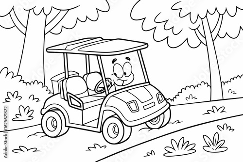 Vector Cartoon funny Golf Cart, funny image in the forest, Coloring book page for children. Line Art isolated on white background