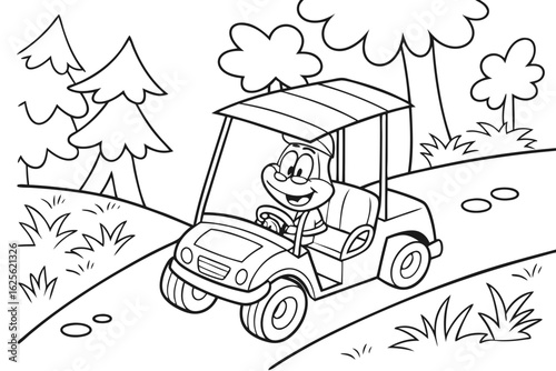 Vector Cartoon funny Golf Cart, funny image in the forest, Coloring book page for children. Line Art isolated on white background