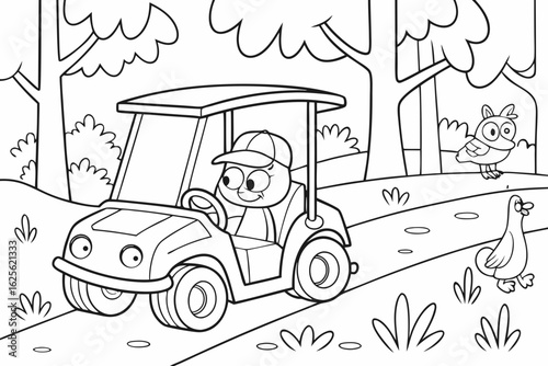Vector Cartoon funny Golf Cart, funny image in the forest, Coloring book page for children. Line Art isolated on white background