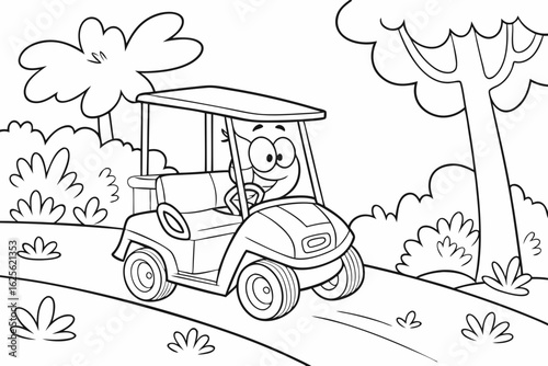 Vector Cartoon funny Golf Cart, funny image in the forest, Coloring book page for children. Line Art isolated on white background
