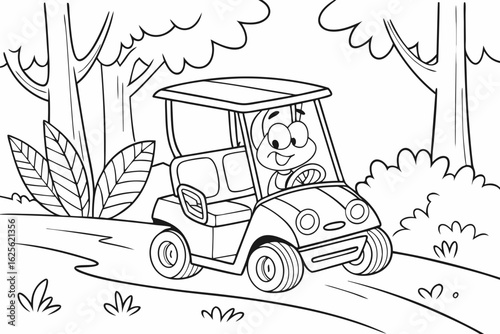 Vector Cartoon funny Golf Cart, funny image in the forest, Coloring book page for children. Line Art isolated on white background