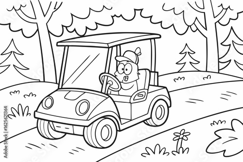 Vector Cartoon funny Golf Cart, funny image in the forest, Coloring book page for children. Line Art isolated on white background