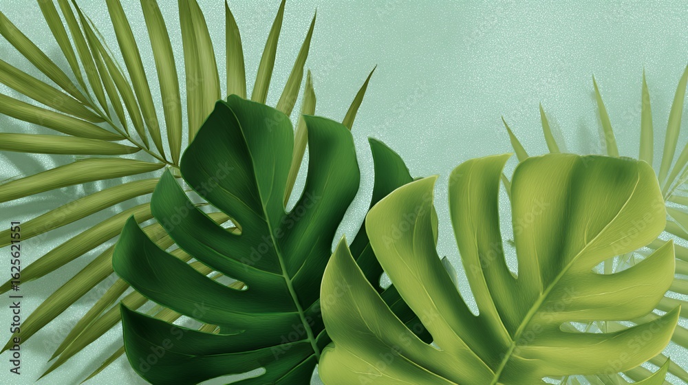 Obraz premium Vibrant Green Tropical Leaves on a Sparkling Mint Green Background