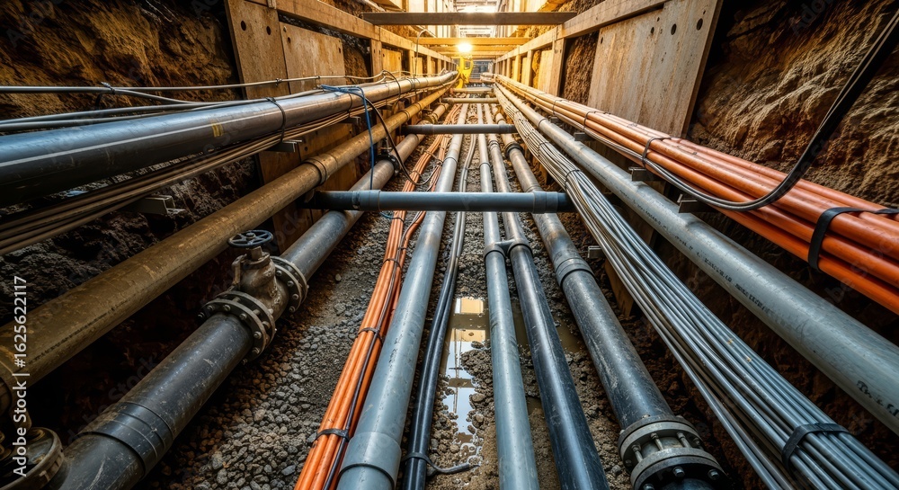 Underground pipeline infrastructure with various pipes and cables. Utility trench for urban development and construction project. Underground pipeline infrastructure with various pipes and cables. Utility trench for urban development and construction project.
