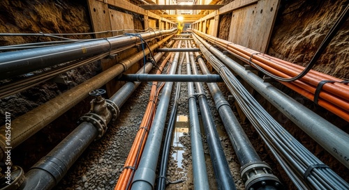Underground pipeline infrastructure with various pipes and cables. Utility trench for urban development and construction project.
