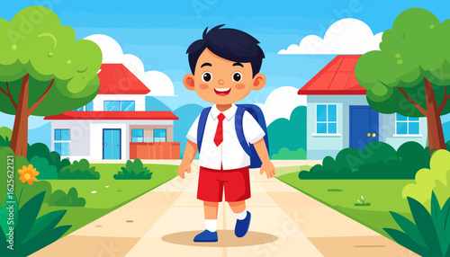 Schoolboy's Journey: A Cheerful Illustration of Education and Community