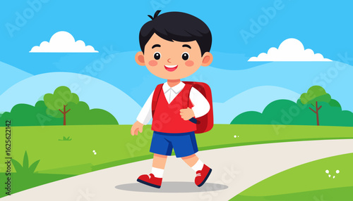 Boy's Walk to School - Illustration
