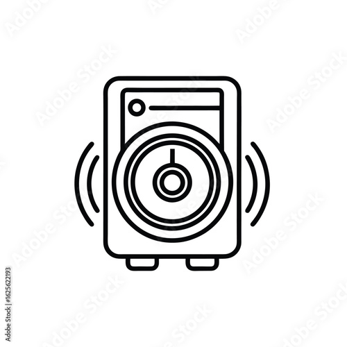 A black and white line art icon depicting a speaker with sound waves emanating from its sides, symbolizing audio output.