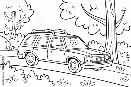 Vector Cartoon funny Hearse, funny image in the forest, Coloring book page for children. Line Art isolated on white background