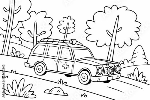 Vector Cartoon funny Hearse, funny image in the forest, Coloring book page for children. Line Art isolated on white background