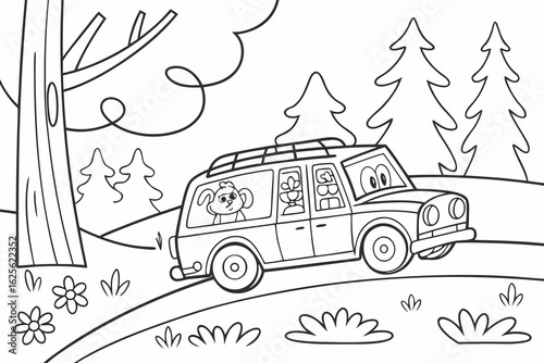 Vector Cartoon funny Hearse, funny image in the forest, Coloring book page for children. Line Art isolated on white background
