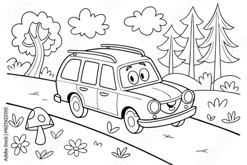Vector Cartoon funny Hearse, funny image in the forest, Coloring book page for children. Line Art isolated on white background