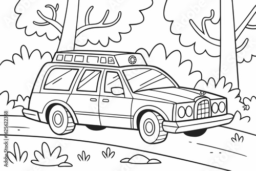 Vector Cartoon funny Hearse, funny image in the forest, Coloring book page for children. Line Art isolated on white background