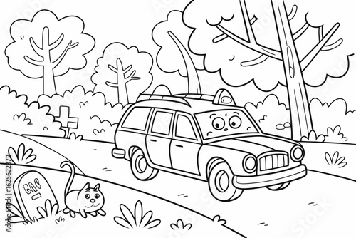 Vector Cartoon funny Hearse, funny image in the forest, Coloring book page for children. Line Art isolated on white background