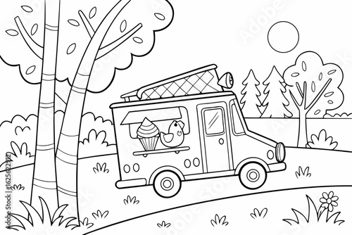 Vector Cartoon funny Ice Cream Truck, funny image in the forest, Coloring book page for children. Line Art isolated on white background