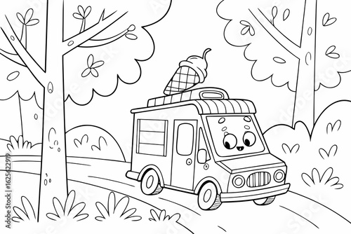 Vector Cartoon funny Ice Cream Truck, funny image in the forest, Coloring book page for children. Line Art isolated on white background
