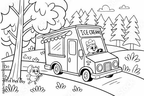Vector Cartoon funny Ice Cream Truck, funny image in the forest, Coloring book page for children. Line Art isolated on white background