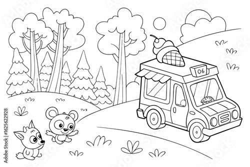 Vector Cartoon funny Ice Cream Truck, funny image in the forest, Coloring book page for children. Line Art isolated on white background