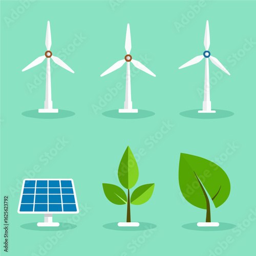 Eco energy icons like wind, solar, and leaf, perfect for sustainability and environmental projects.