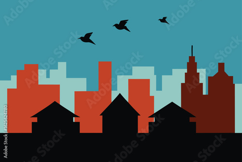 skyline with birds flying over rooftops   (1).eps