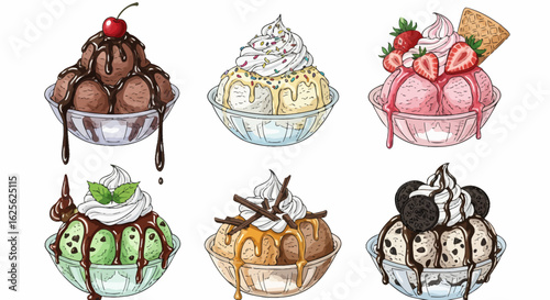 Freehand drawings of vintage ice cream sundaes and cones with ornate detail and classic presentation