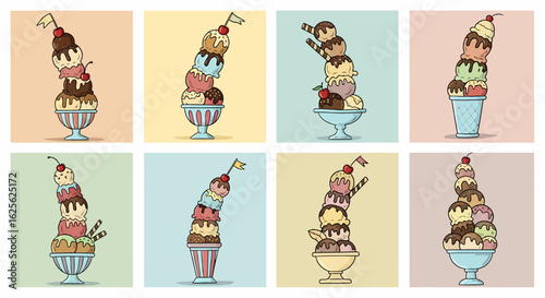 Freehand drawings of tall ice cream sundaes with toppings in vertical layout for playful dessert themes