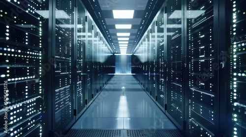 Technology background image showing a server room with rows of computers