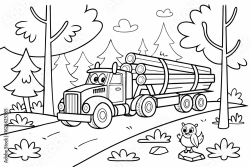 Vector Cartoon funny Logging Truck, funny image in the forest, Coloring book page for children. Line Art isolated on white background