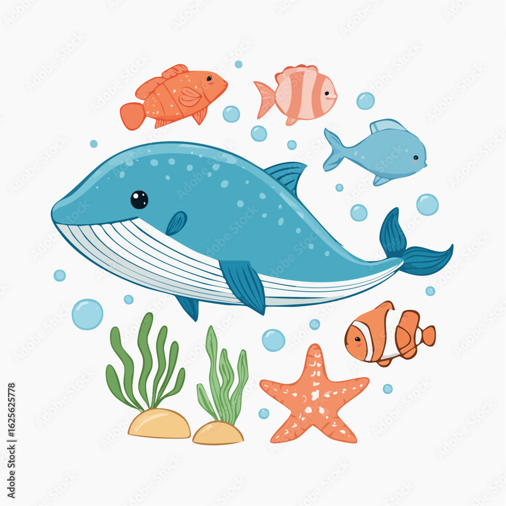Naklejka premium Delightful underwater scene featuring a charming whale and colorful marine life illustration